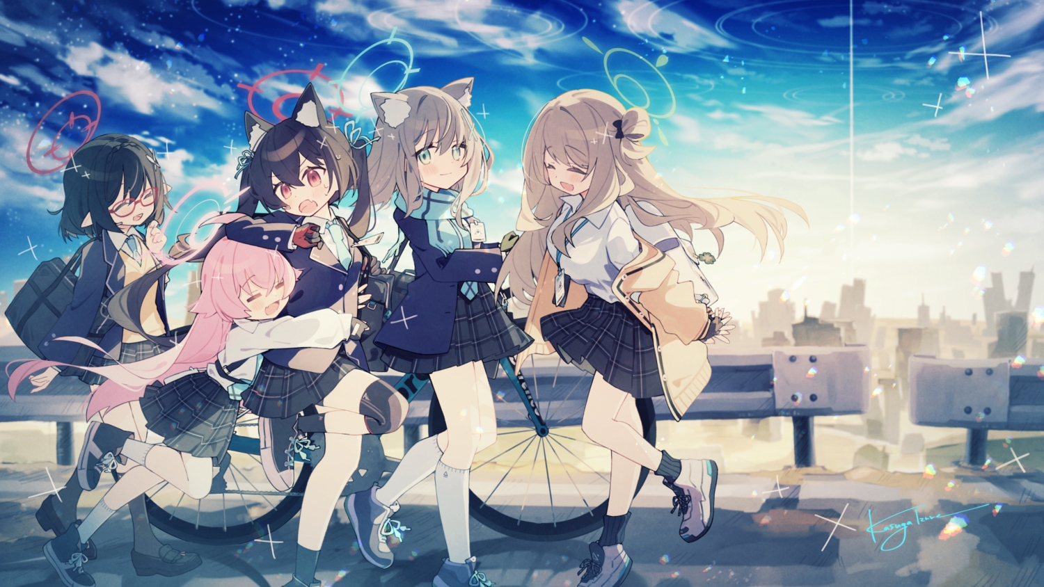 animal_ears, aqua_eyes, bicycle, black_hair, blue_archive, blush, braids, brown_hair, building, catgirl, city, clouds, fang, glasses, gloves, gray_hair, group, halo, hug, izayoi_nonomi, kasuga_haruhi, kneehighs, kuromi_serika, loli, long_hair, okusora_ayane, pink_hair, pointed_ears, red_eyes, scarf, school_uniform, shirt, short_hair, signed, skirt, sky, socks, sunaookami_shiroko, takanashi_hoshino, tie, twintails, wolfgirl