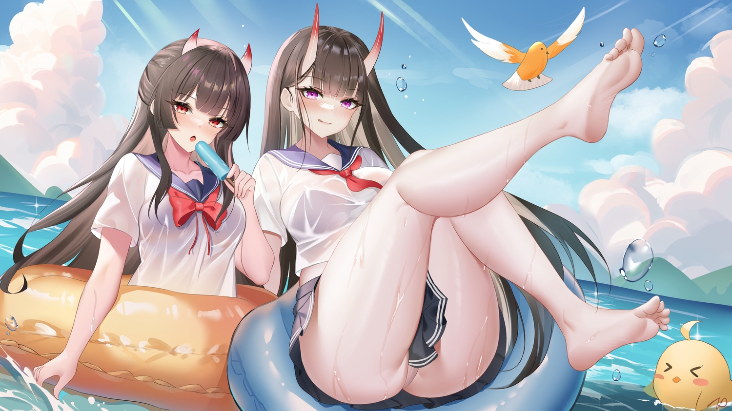 2girls, animal, anthropomorphism, azur_lane, barefoot, bird, black_hair, blush, bow, breasts, cameltoe, clouds, demon, horns, long_hair, manjuu_(azur_lane), nanoda002_(saber427), noshiro_(azur_lane), panties, popsicle, red_eyes, sakawa_(azur_lane), school_uniform, see_through, signed, skirt, sky, swim_ring, underwear, upskirt, water, wet