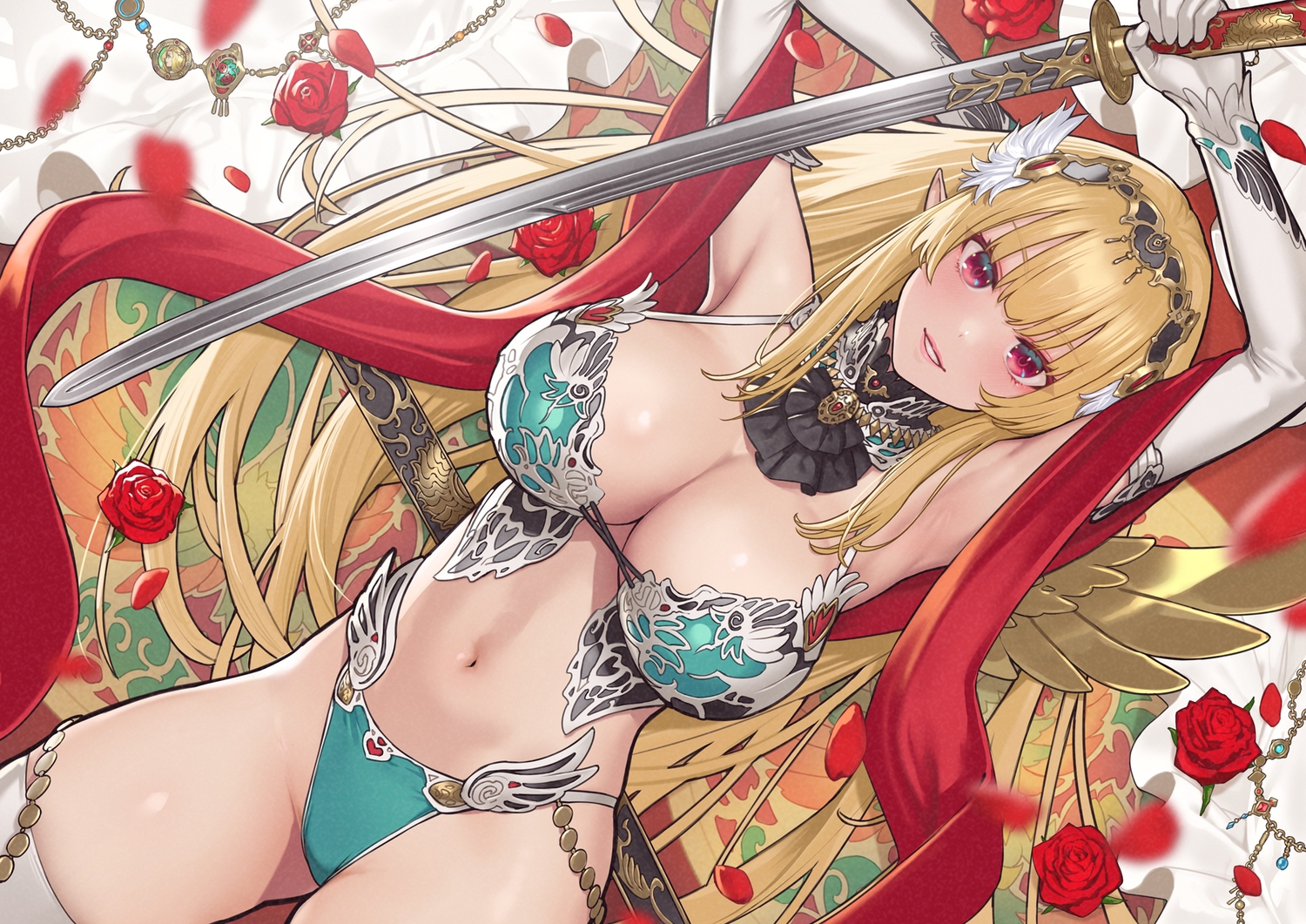 bikini, blonde_hair, blush, breasts, chain, choker, cleavage, elbow_gloves