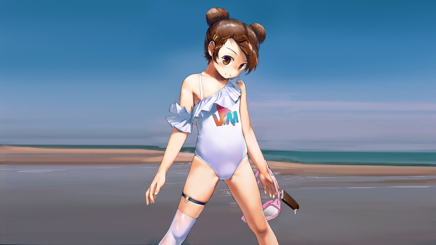 beach, brown_eyes, brown_hair, clouds, flat_chest, food, garter, goggles