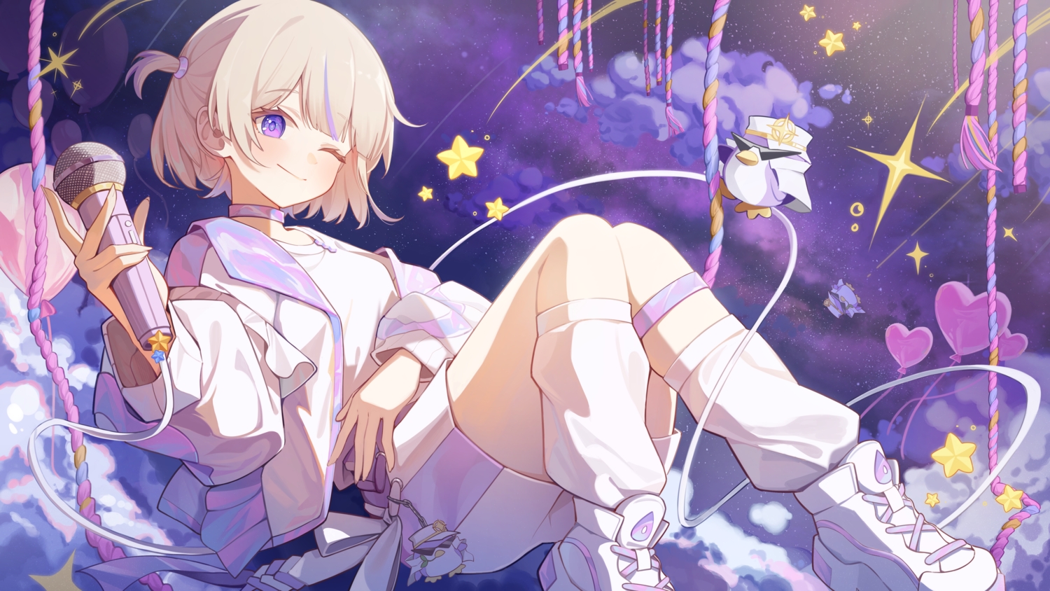 animal, blonde_hair, bow, choker, clouds, hololive, microphone, penguin