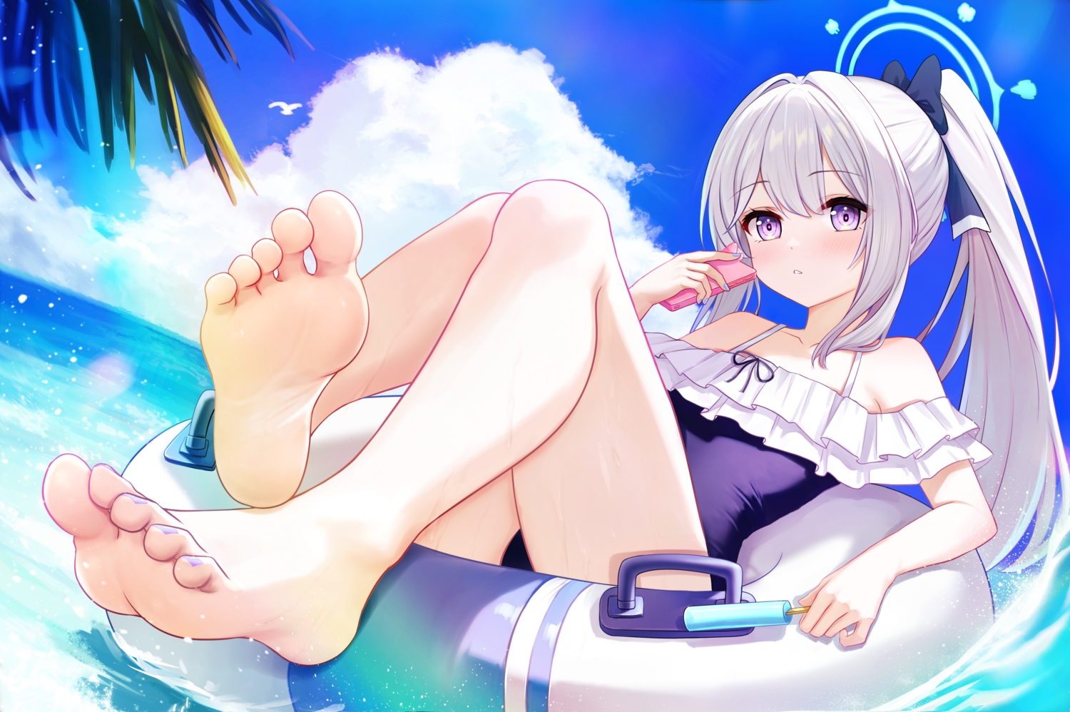 barefoot, blue_archive, blush, bow, close, clouds, flat_chest, gray_hair