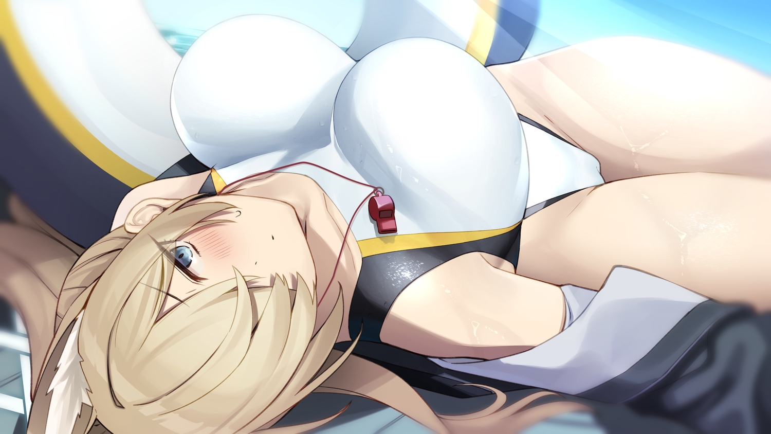 animal_ears, blonde_hair, blue_archive, blue_eyes, blush, breasts, cameltoe, close