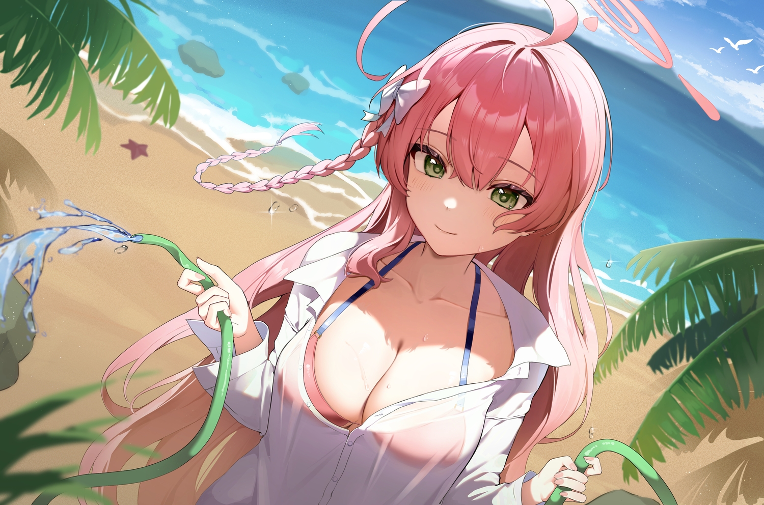 beach, bikini_top, blue_archive, blush, bow, braids, breasts, cleavage, close, clouds, green_eyes, halo, leaves, long_hair, oeuia, open_shirt, pink_hair, see_through, shirt, sky, urawa_hanako, water, wet