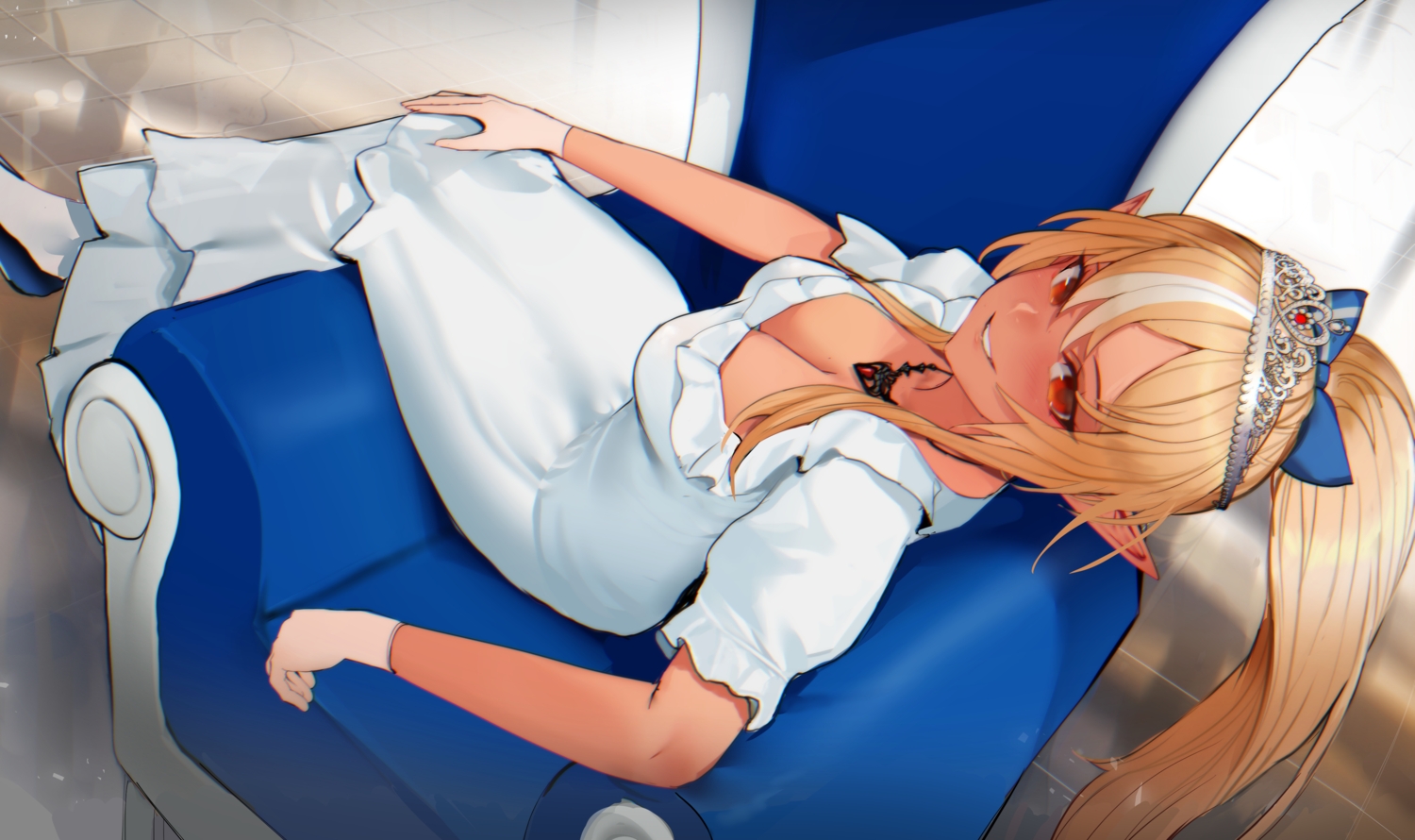 blonde_hair, blush, bow, breasts, cleavage, dark_skin, dress, gloves, hololive, long_hair, necklace, pointed_ears, ponytail, red_eyes, shiranui_flare, tiara, zeragoes