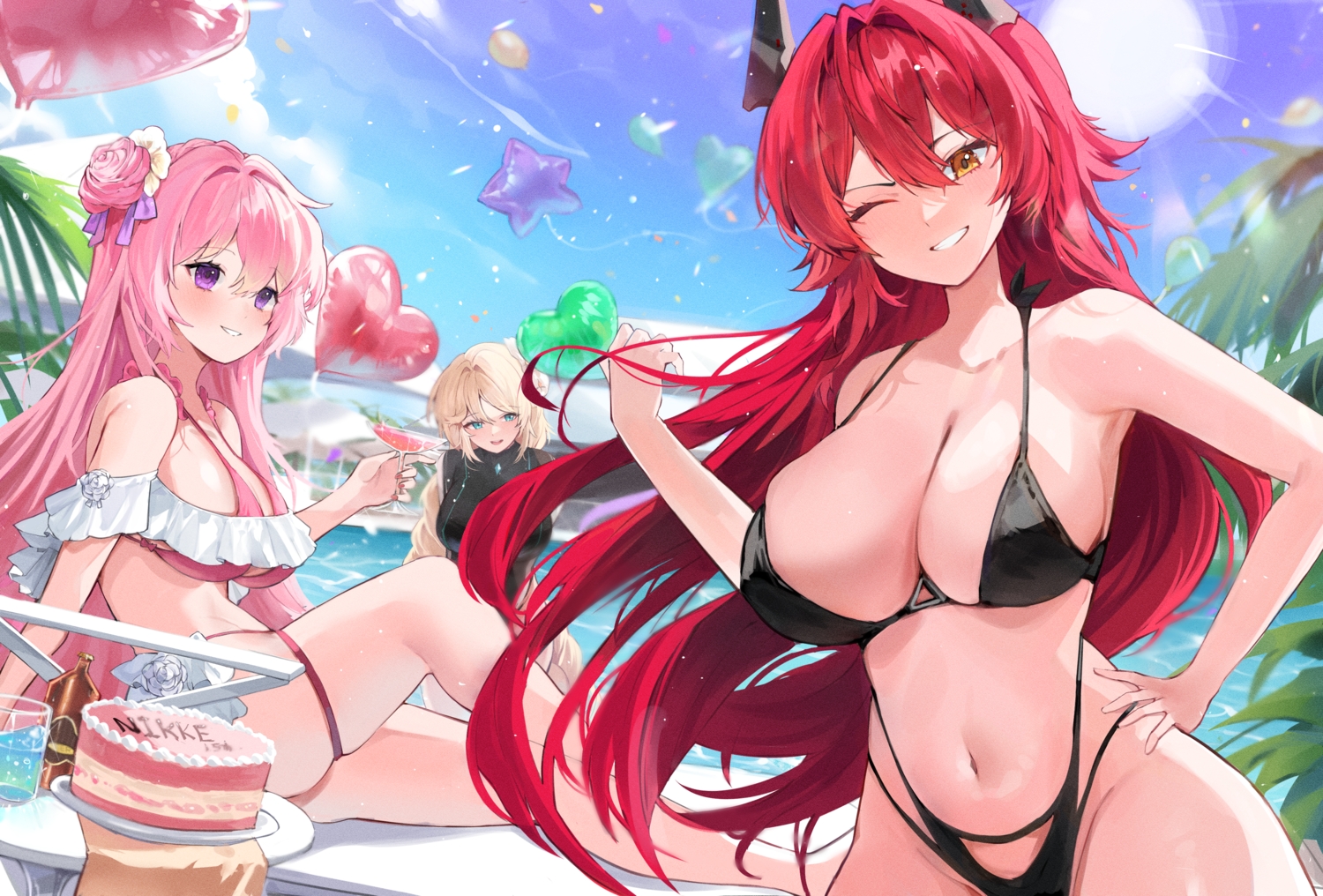aqua_eyes, bikini, blonde_hair, blush, breasts, cake, cleavage, clouds