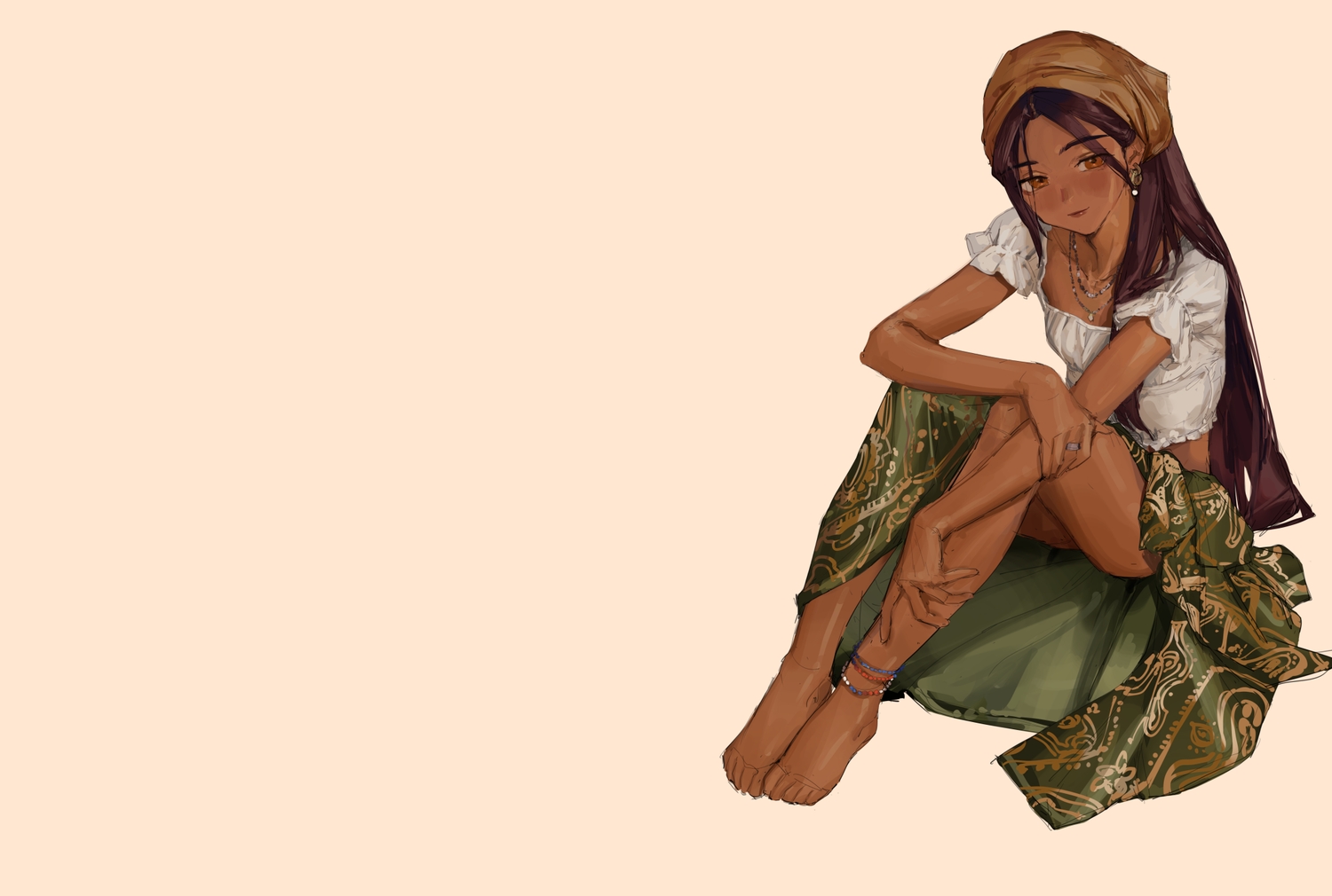 brown, brown_hair, dark_skin, demi_(nashidrop), flat_chest, headdress, long_hair, nashidrop, necklace, orange_eyes, original, sketch, skirt, third-party_edit, upskirt