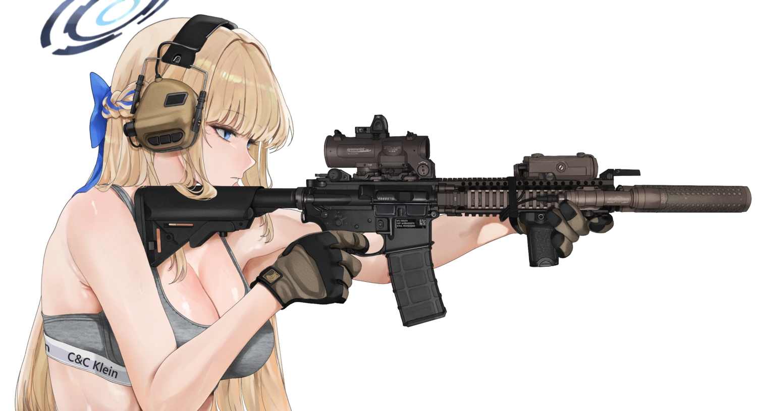 aqua_eyes, asuma_toki, blonde_hair, blue_archive, bow, braids, breasts, cleavage, close, fte_(fifteen_199), gloves, gun, halo, headphones, long_hair, military, sports_bra, weapon, white