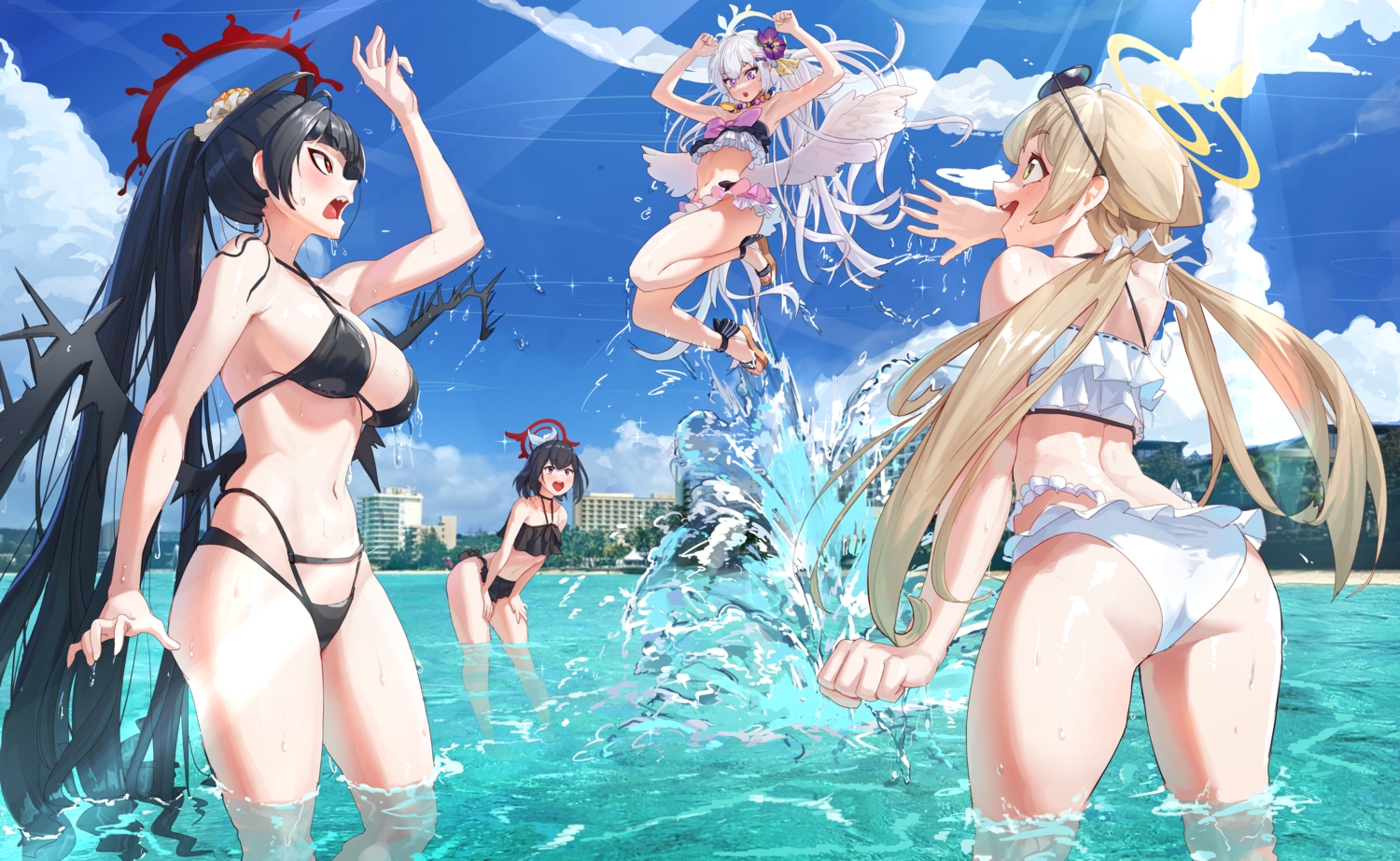 ajitani_hifumi, ass, bikini, black_hair, blue_archive, blush, breasts, brown_hair, building, choker, cleavage, clouds, flat_chest, gray_hair, group, halo, kenzaki_tsurugi, long_hair, navel, necklace, ponytail, purple_eyes, red_eyes, roro_(tpghksdlzpq), shirasu_azusa, shizuyama_mashiro, short_hair, skirt, sky, swimsuit, tree, twintails, water, wings, yellow_eyes