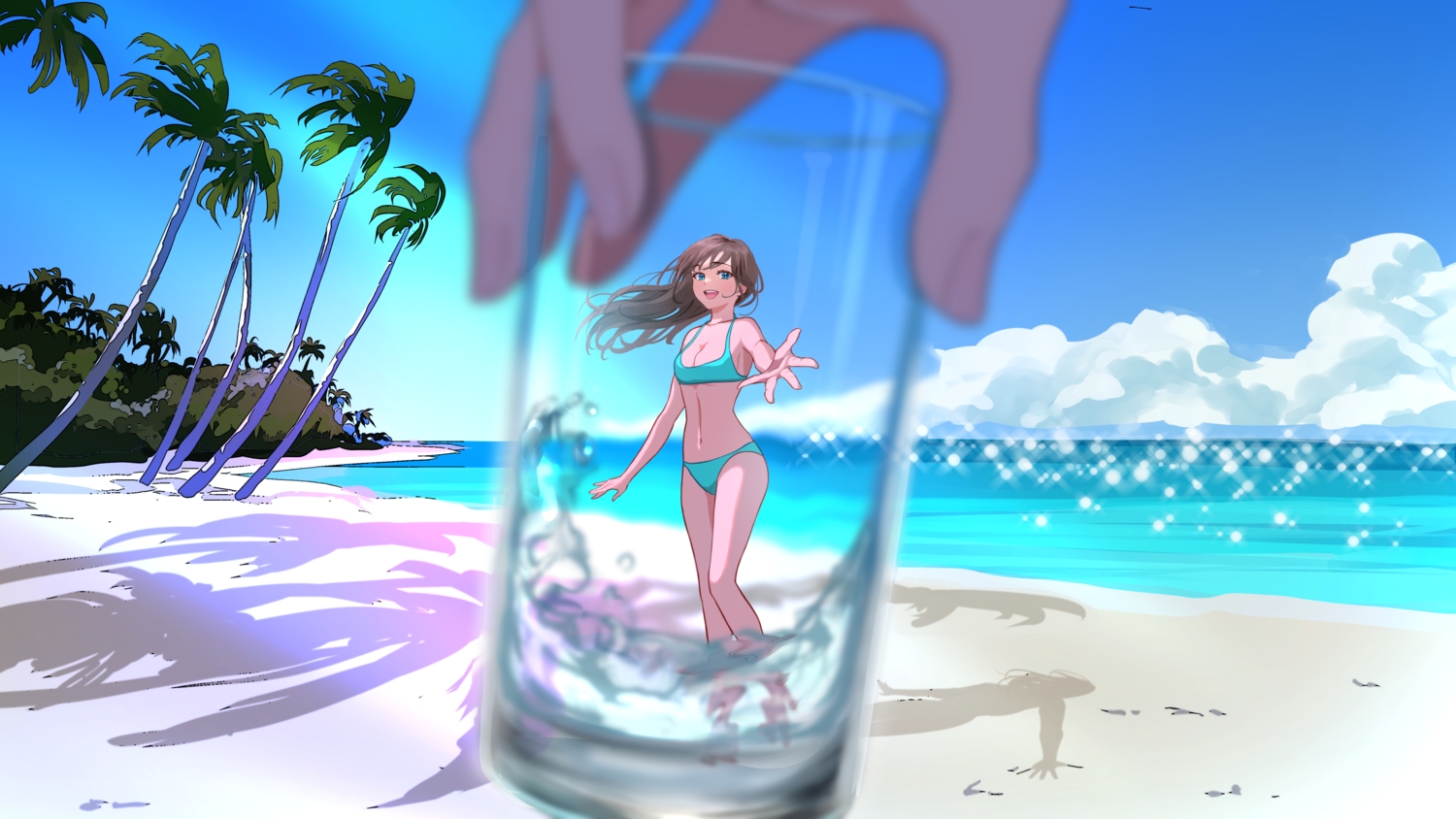 aqua_eyes, beach, bikini, blush, brown_hair, clouds, long_hair, nap_on_a_cloud, original, sky, summer, swimsuit, water