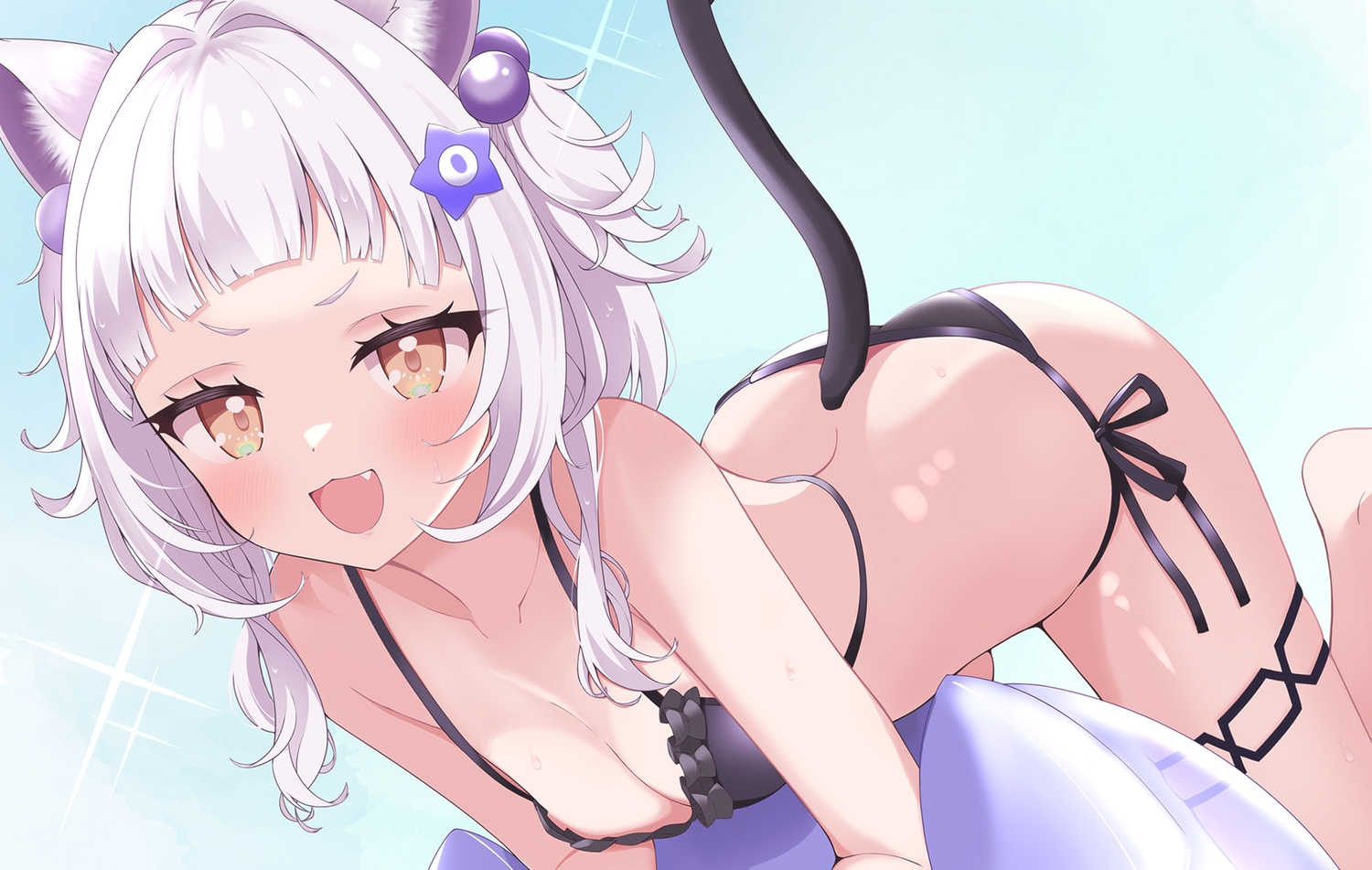 animal_ears, ball, bikini, blush, bow, breasts, brown_eyes, catgirl, cat_smile, cleavage, close, cocozasa, fang, garter, hololive, murasaki_shion, short_hair, swimsuit, tail, white_hair