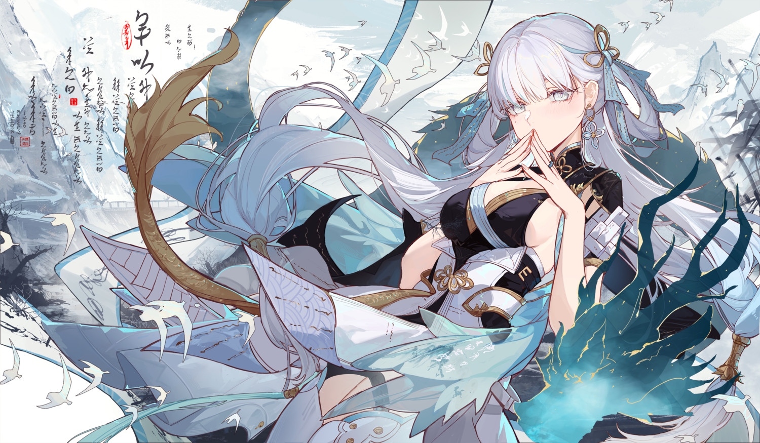 animal, bird, blush, bow, breasts, chinese_clothes, clouds, dragon, dress, garter, gray_eyes, gray_hair, jinhsi_(wuthering_waves), kuroduki, long_hair, paper, ribbons, sideboob, sky, tail, thighhighs, translation_request, wuthering_waves