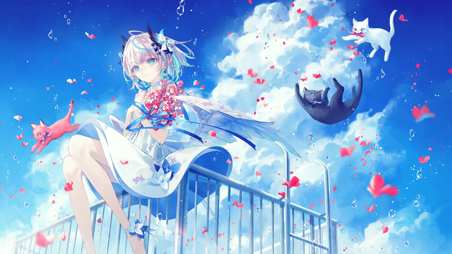 animal, aoi_neno, aqua_eyes, barefoot, bow, cat, choker, clouds, dress, flowers, gray_hair, horns, petals, pointed_ears, ribbons, rooftop, short_hair, skirt_lift, sky, water, wings, yoggi_(stretchmen)