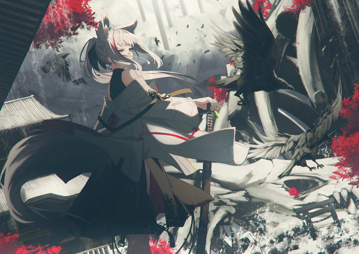 animal, animal_ears, bird, bones, building, dress, foxgirl, gray_hair