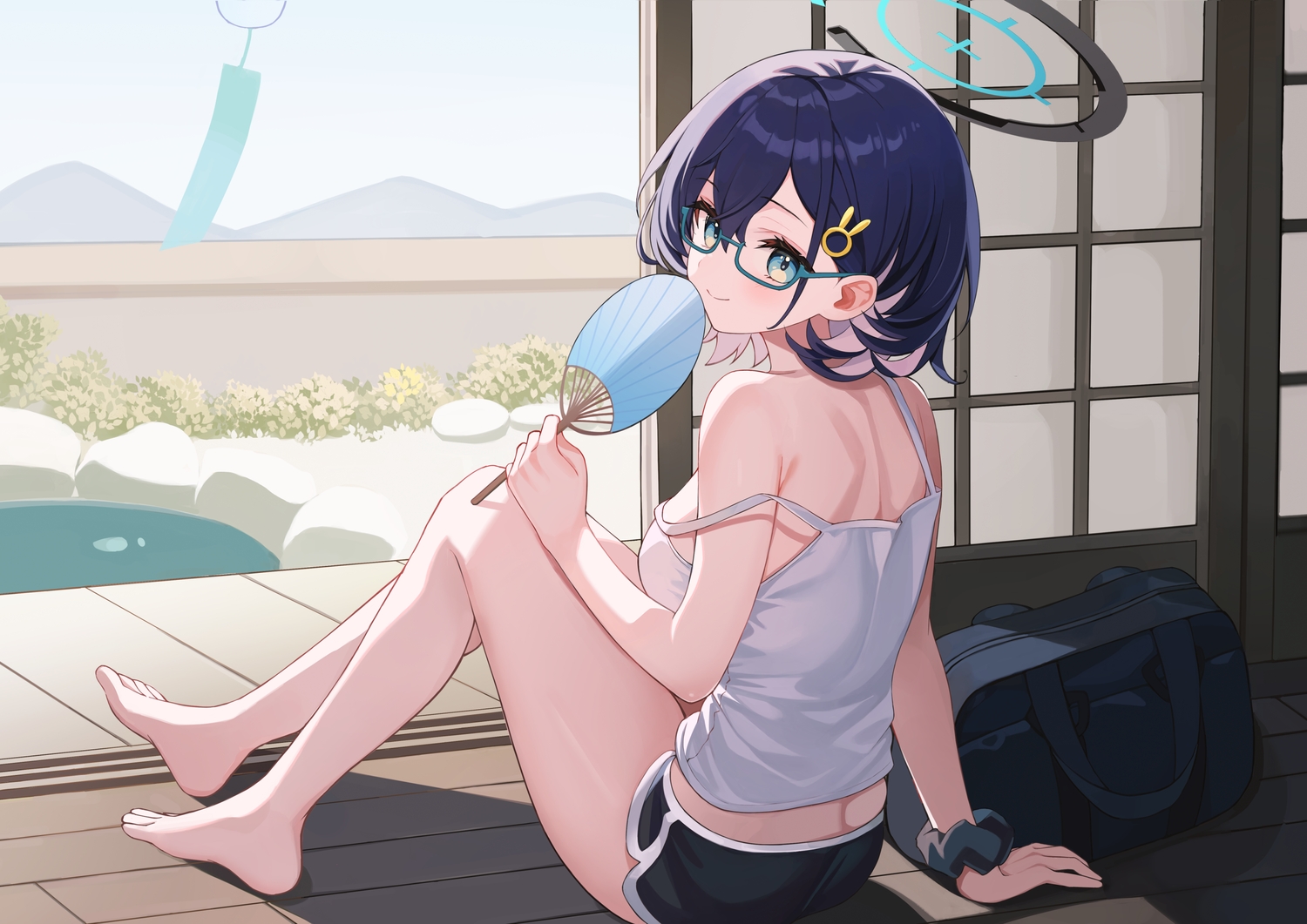 barefoot, black_hair, blue_archive, blue_eyes, blush, fan, glasses, halo