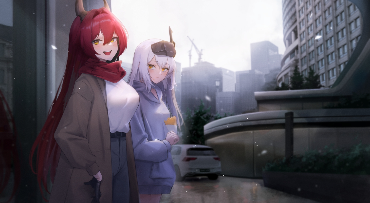 2girls, breasts, building, car, city, food, gloves, goddess_of_victory:_nikke, gray_hair, hood, horns, long_hair, maviss_03, red_hair, red_hood_(nikke), scarf, sky, snow_white_(nikke), yellow_eyes