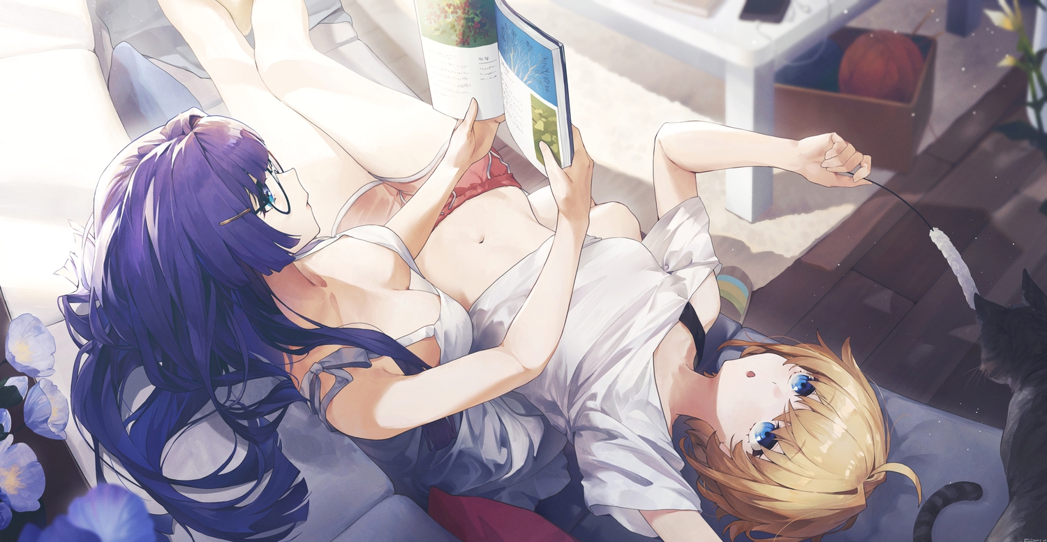 2girls, animal, aqua_eyes, blonde_hair, blush, book, bow, breasts, cat, couch, glasses, honkai_(series), honkai:_star_rail, long_hair, lynx_landau, navel, no_bra, pela_(honkai:_star_rail), phone, purple_hair, shirt_lift, short_hair, shorts, signed, swkl:d