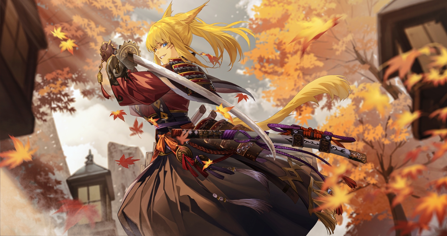 animal_ears, armor, autumn, blonde_hair, blue_eyes, catgirl, final_fantasy, final_fantasy_xiv