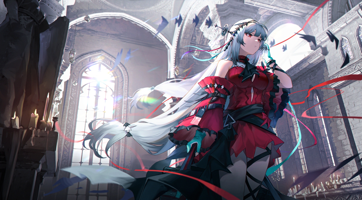 arknights, dress, garter, gloves, gray_hair, jia_redian_ruzi_ruzi, long_hair, red_eyes, ribbons, skadi_(arknights), wristwear