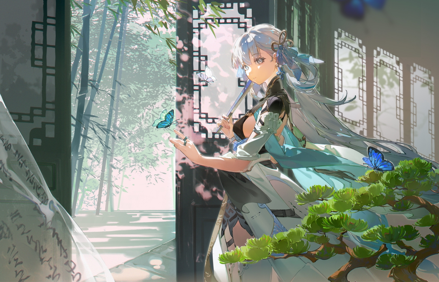 bow, butterfly, dress, fan, geyegua, gray_eyes, gray_hair, jinhsi_(wuthering_waves), leaves, long_hair, shade, tree, wuthering_waves