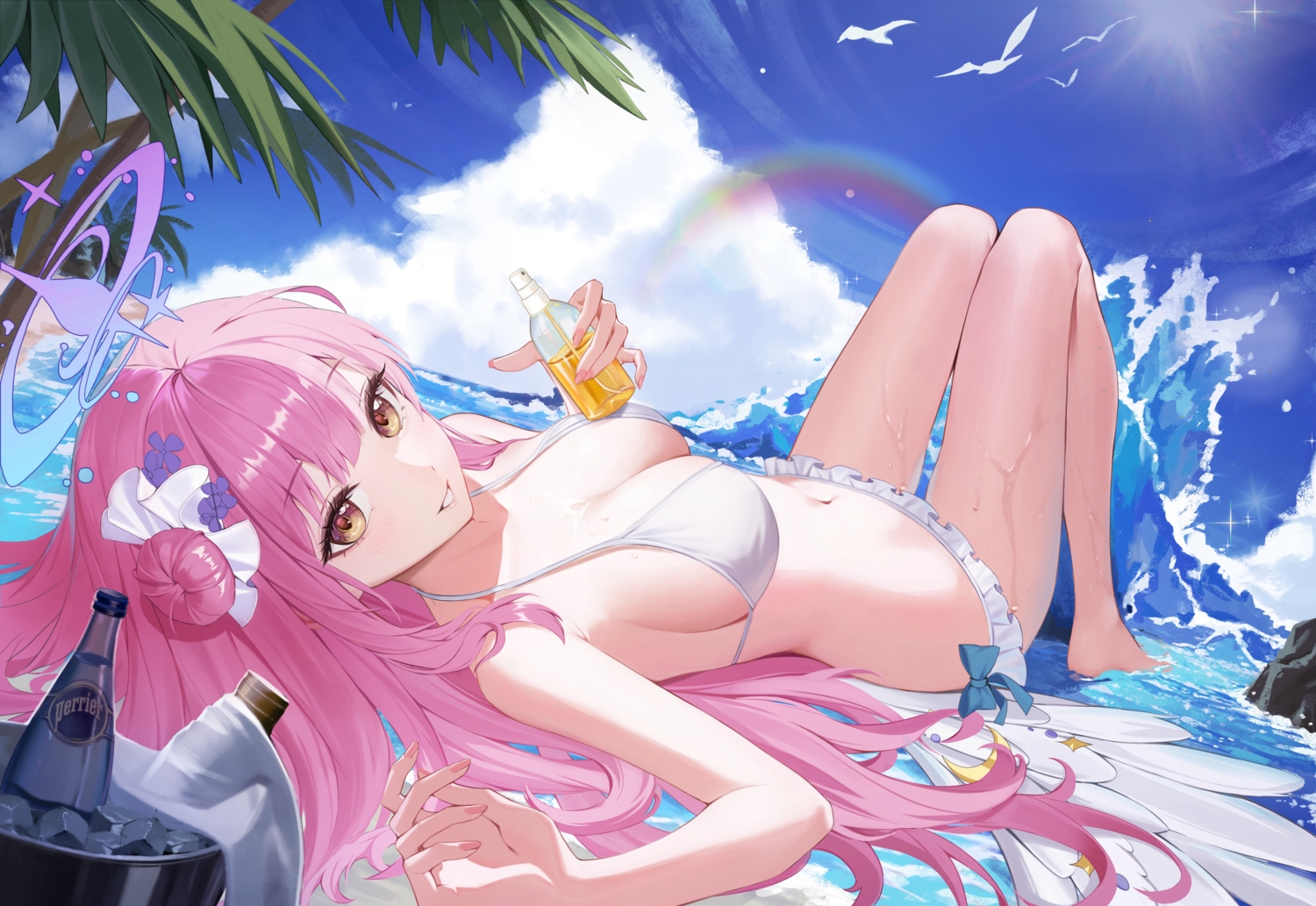 barefoot, beach, bikini, blue_archive, blush, bow, breasts, brown_eyes, cleavage, clouds, drink, halo, long_hair, misono_mika, navel, pink_hair, rainbow, skirt, sky, soha_(416_soha), swimsuit, tree, water, wet, wings