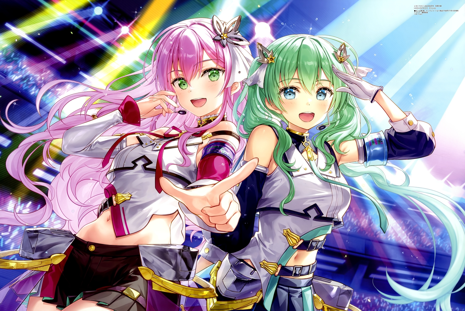2girls, blue_eyes, blush, bow, fujima_takuya, gloves, green_eyes, green_hair, highspeed_etoile, hinata_hikari, jpeg_artifacts, kuzuryuu_akari, long_hair, microphone, navel, pink_hair, ribbons, scan, skirt, twintails, uniform