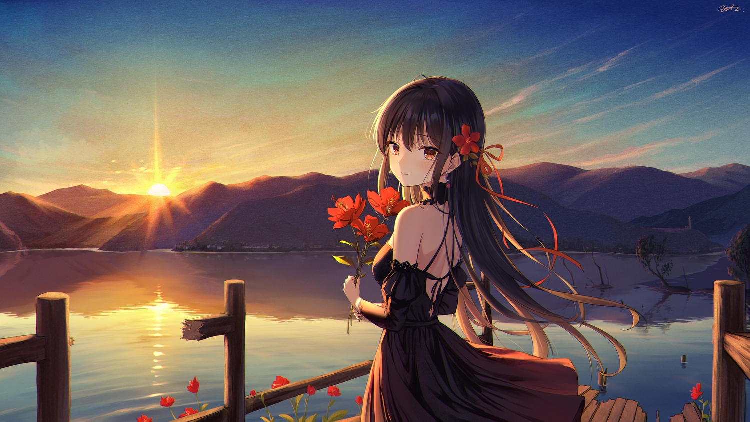 black_hair, blush, bow, choker, clouds, dress, flowers, fritz614, long_hair, original, red_eyes, reflection, ribbons, sky, sunset, tree, water