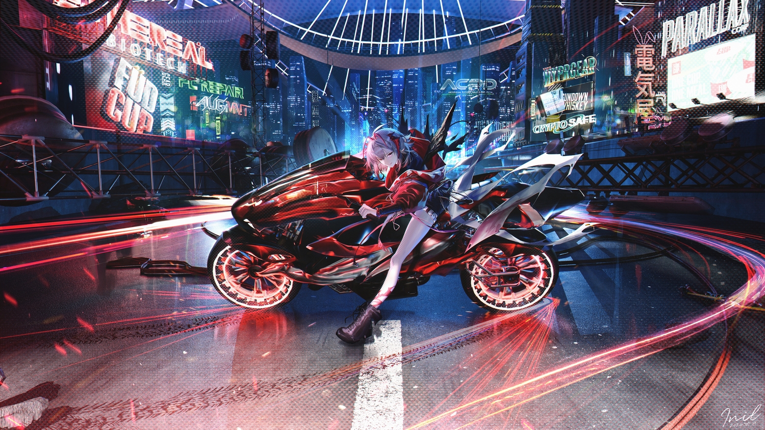3d, arknights, boots, building, city, garter, gray_hair, horns