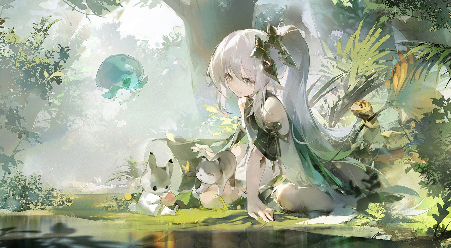 animal, forest, genshin_impact, gray_eyes, gray_hair, green, loli, long_hair, nahida_(genshin_impact), pointed_ears, ponytail, tracyton, tree, water