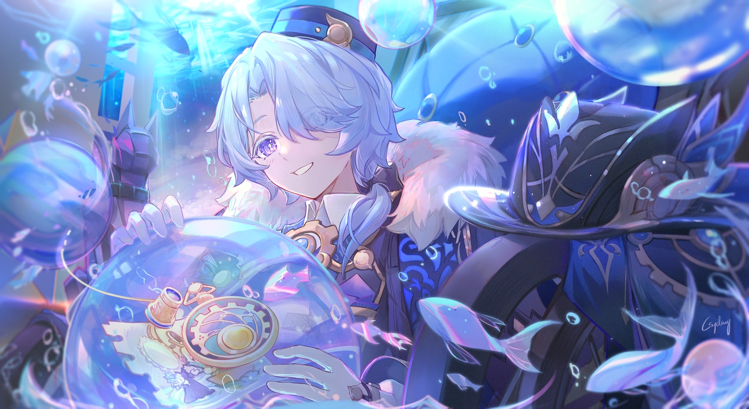 all_male, animal, ball, blue_hair, blush, bubbles, csyday, fish, gloves, hat, honkai_(series), honkai:_star_rail, hood, male, misha_(honkai:_star_rail), ponytail, purple_eyes, signed, underwater, water