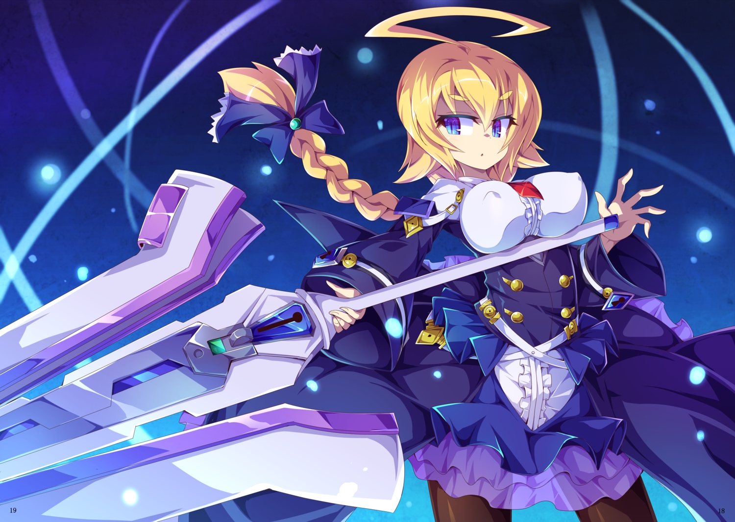 blazblue, blonde_hair, blue_eyes, braids, breasts, dress, erect_nipples, es_(blazblue), long_hair, sword, toraishi_666, weapon