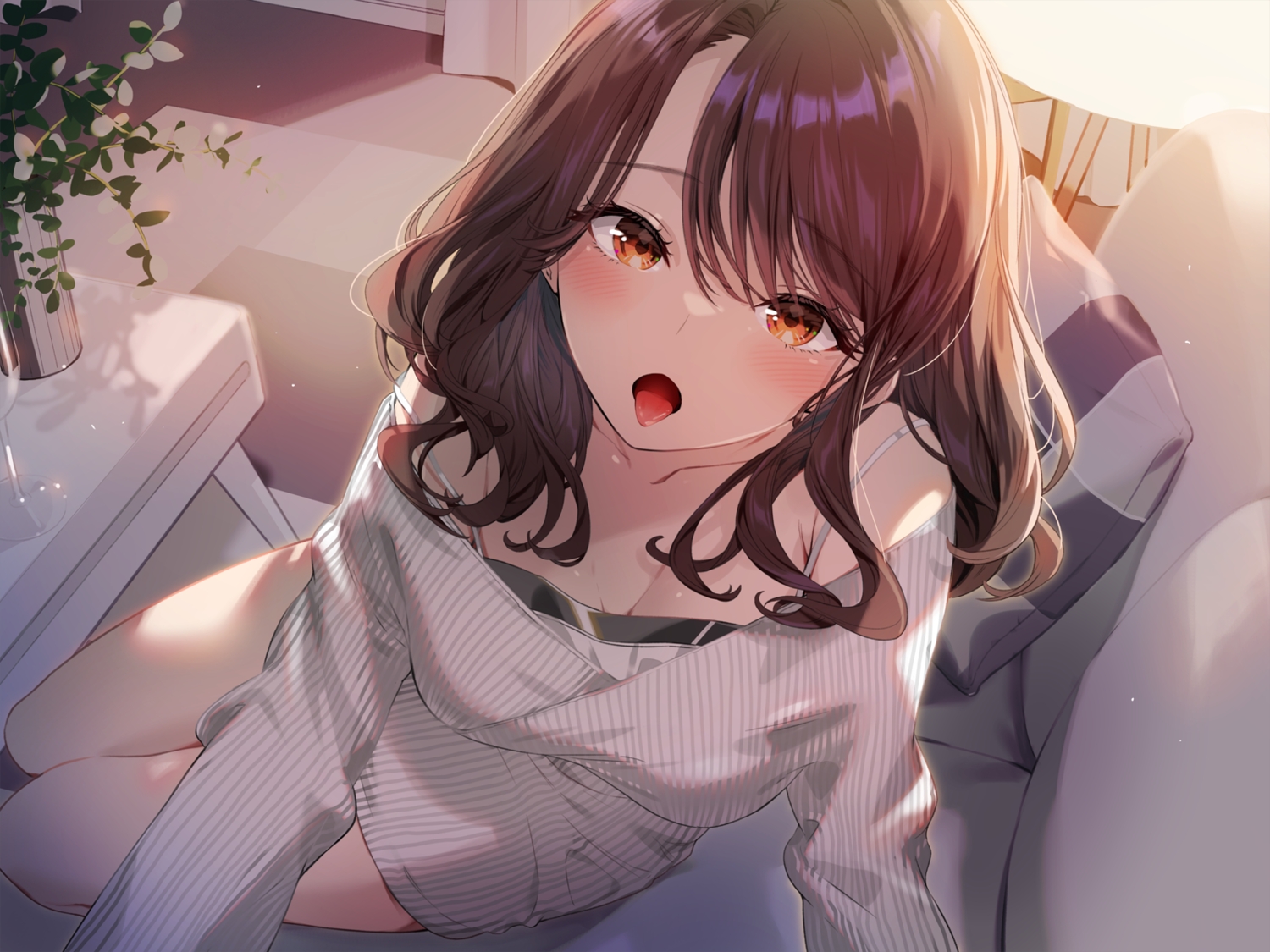 blush, brown_eyes, brown_hair, close, couch, long_hair, original, sakuma_shiki