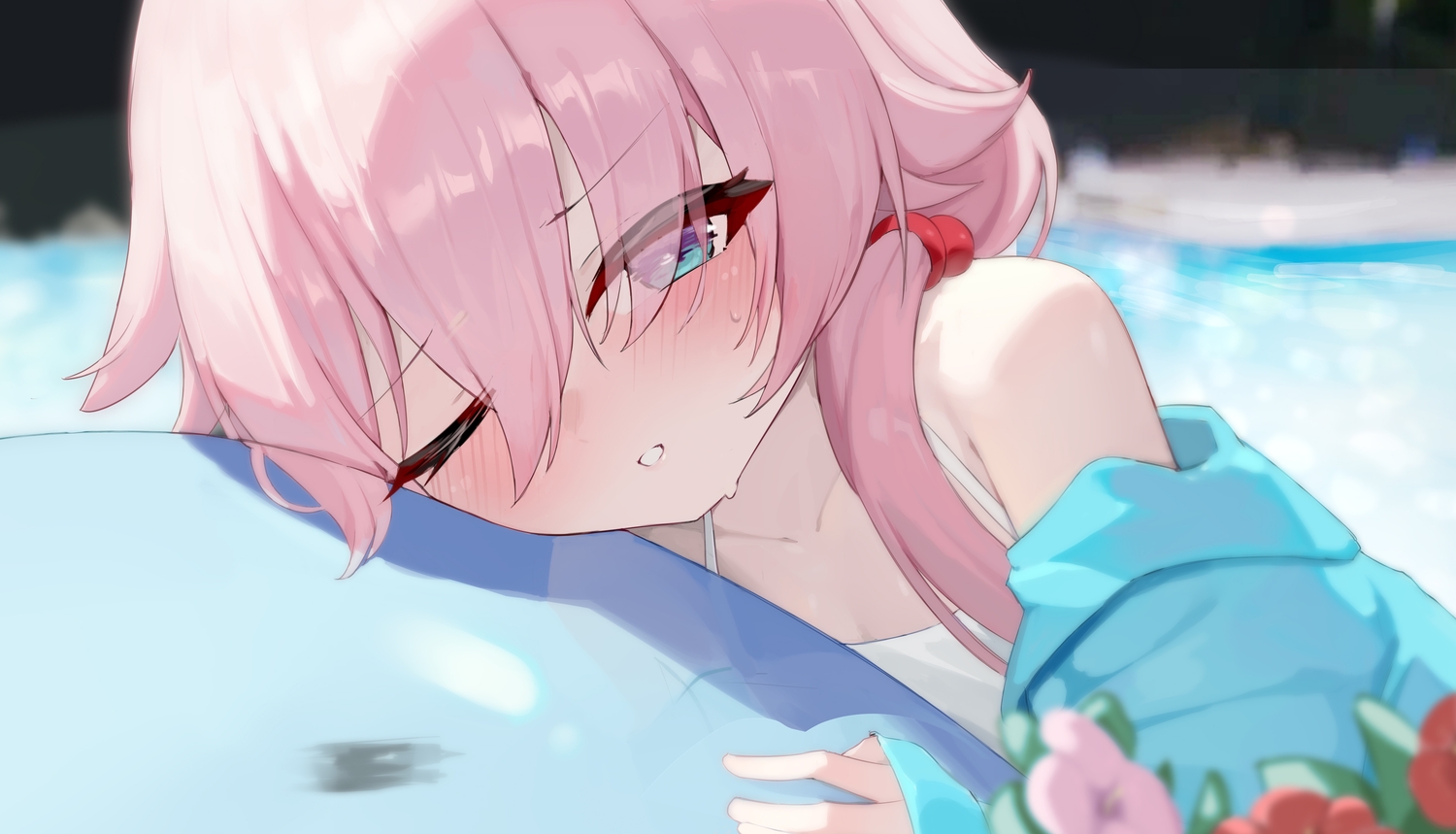 aqua_eyes, bikini, blue_archive, blush, close, flat_chest, flowers, hood