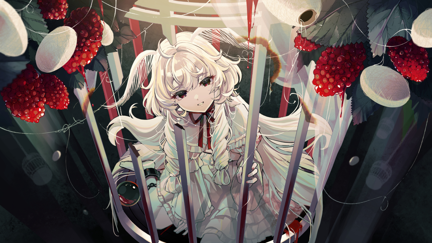 anthropomorphism, barefoot, bondage, bow, cage, dress, food, fruit, lolita_fashion, long_hair, nou_(nounknown), original, red_eyes, shackles, vocaloid, white_hair