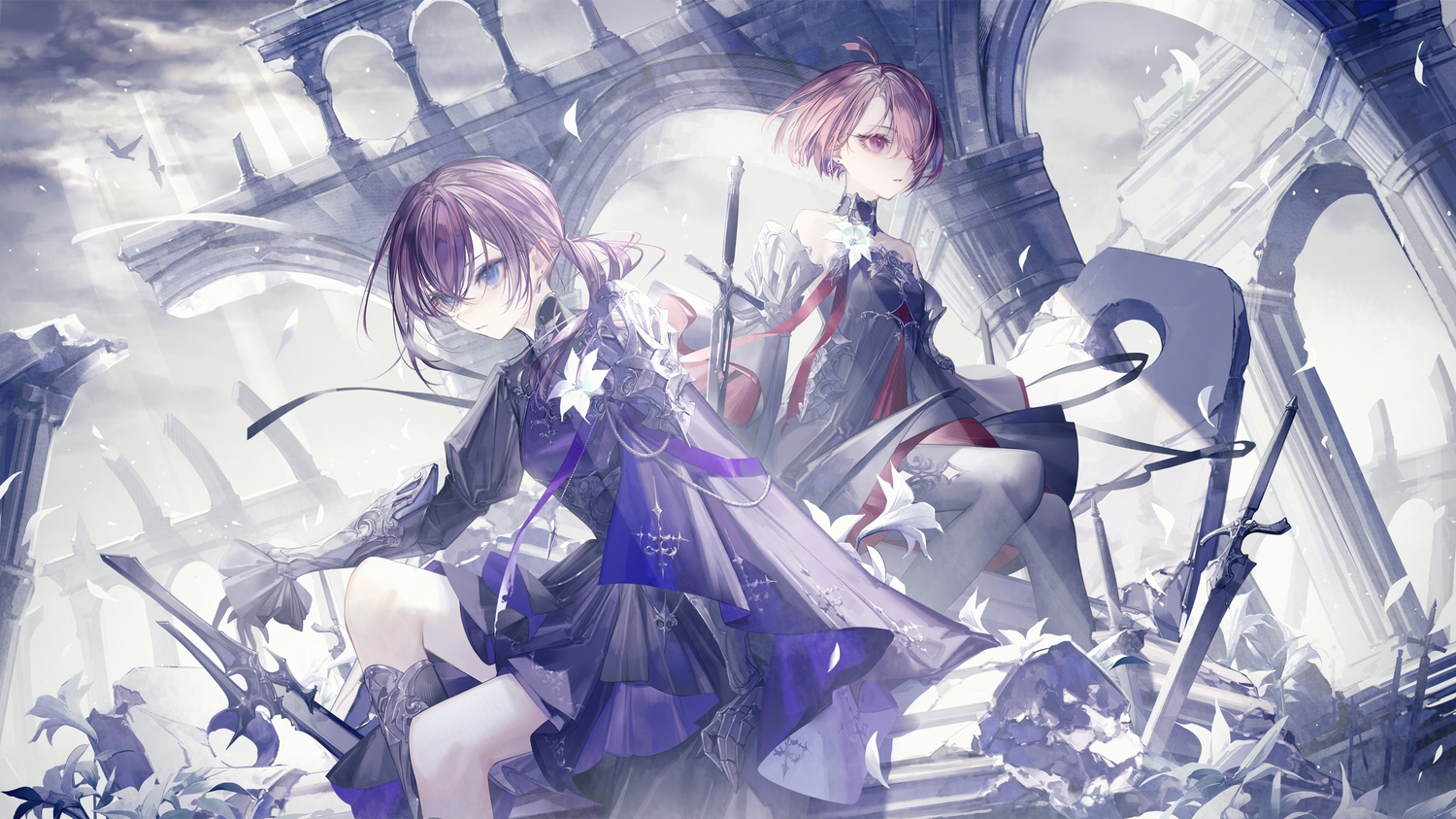 2girls, armor, blue_eyes, brown_hair, choker, clouds, dress, eba_kyouka, flowers, kitami_ayumu, long_hair, palette_project, pantyhose, pink_eyes, pink_hair, ponytail, ruins, short_hair, sky, sword, weapon, yoggi_(stretchmen)