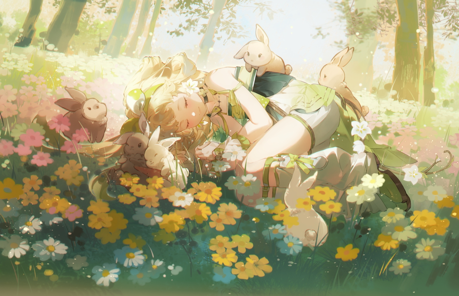 animal, blonde_hair, boots, bow, choker, flat_chest, flowers, geyegua