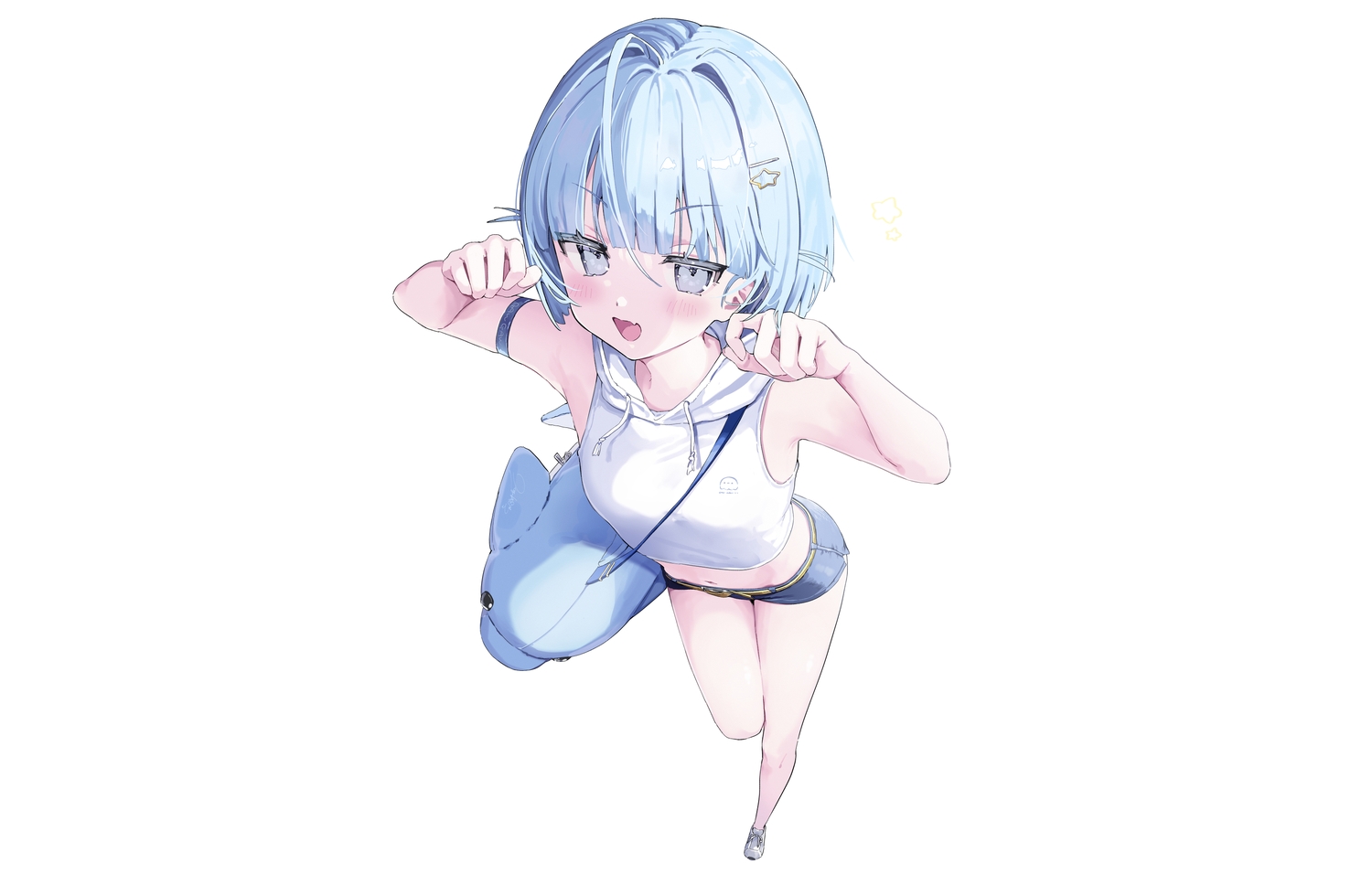 aliasing, blue_hair, blush, fang, flat_chest, gray_eyes, hood, koyubita, loli, navel, original, short_hair, shorts, third-party_edit, white