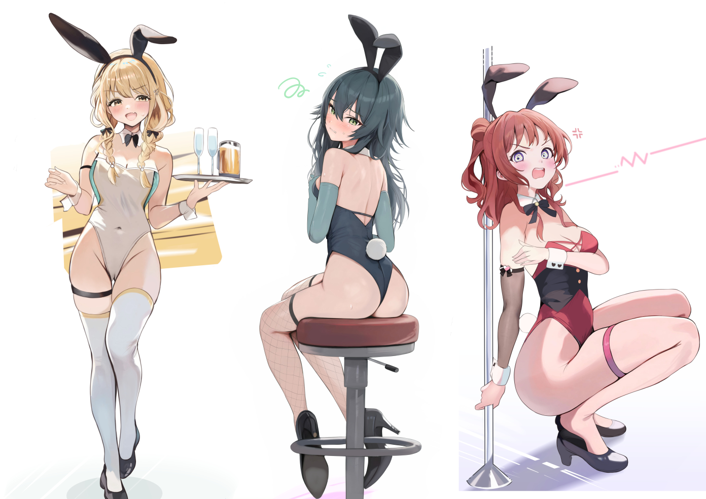 aliasing, animal_ears, ass, blonde_hair, blush, bow, breast_hold, breasts, bunny_ears, bunnygirl, cameltoe, cleavage, drink, elbow_gloves, fang, fujita_kotone, gakuen_idolmaster, garter, gloves, green_eyes, green_hair, hanami_saki, headband, houraku, idolmaster, leotard, long_hair, purple_eyes, red_hair, tail, thighhighs, tsukimura_temari, twintails, waitress, white, wristwear, yellow_eyes
