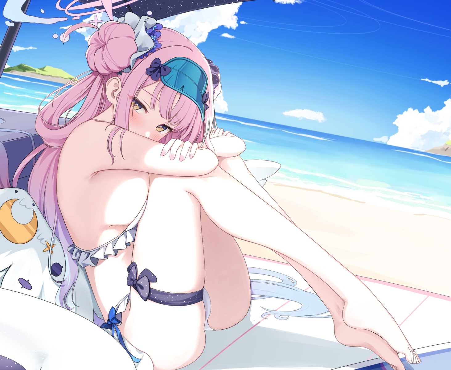 aliasing, barefoot, beach, bikini, blue_archive, blush, bow, breasts