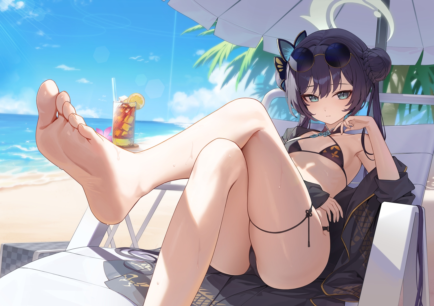 barefoot, beach, bikini, black_hair, blue_archive, blush, braids, choker, close, clouds, dkxlek, drink, food, fruit, gray_eyes, long_hair, ryuuge_kisaki, shade, sky, sunglasses, swimsuit, tree, water, wet