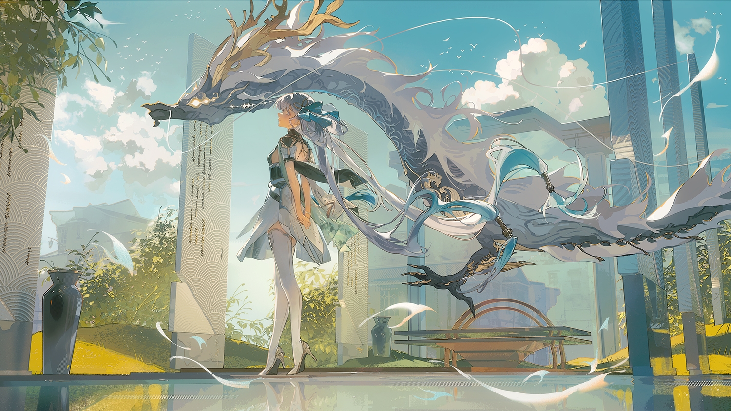 3d, bow, caaaaarrot, clouds, dragon, dress, gray_eyes, gray_hair, jinhsi_(wuthering_waves), jue_(wuthering_waves), long_hair, scenic, sky, thighhighs, wristwear, wuthering_waves