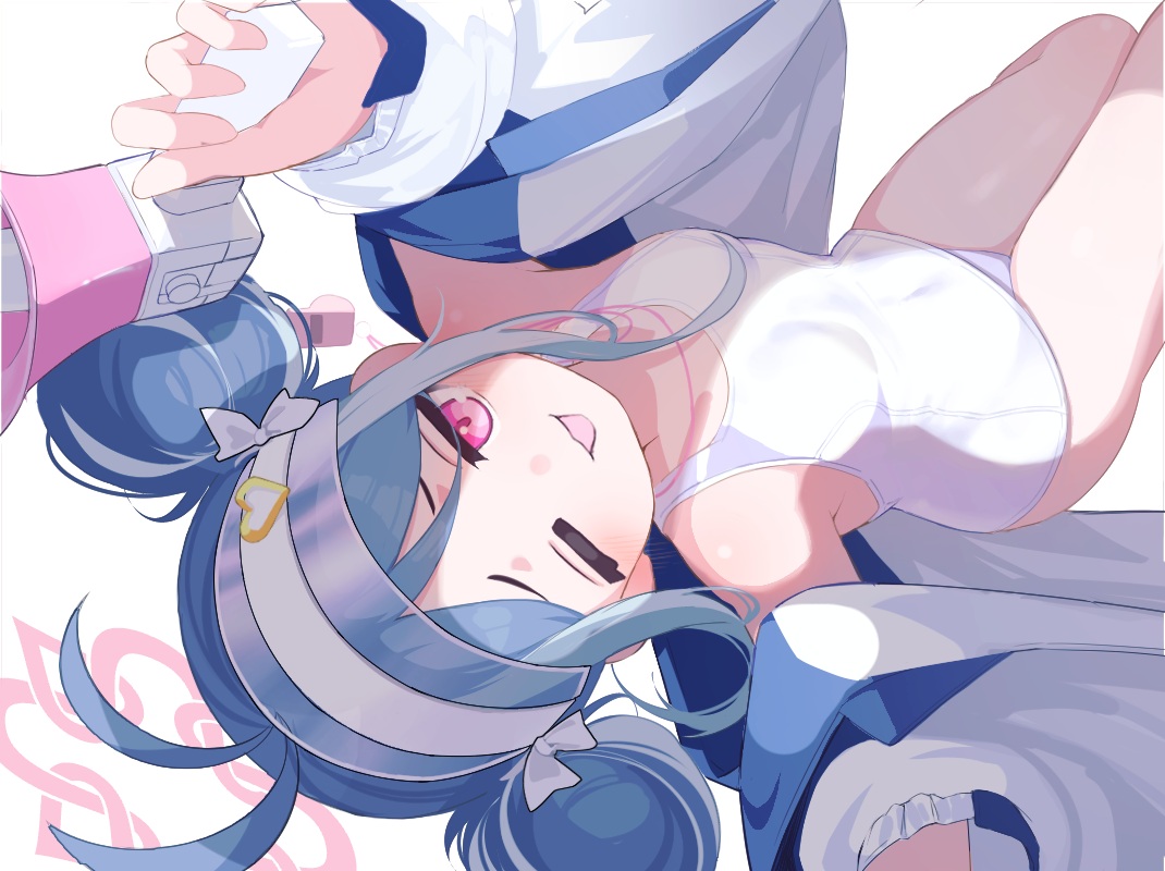 blue_archive, blue_hair, blush, bow, cat_smile, close, flat_chest, halo, hat, loli, nemugaki_fubuki, red_eyes, school_swimsuit, swimsuit, tatara_(alnath_may), white, wink