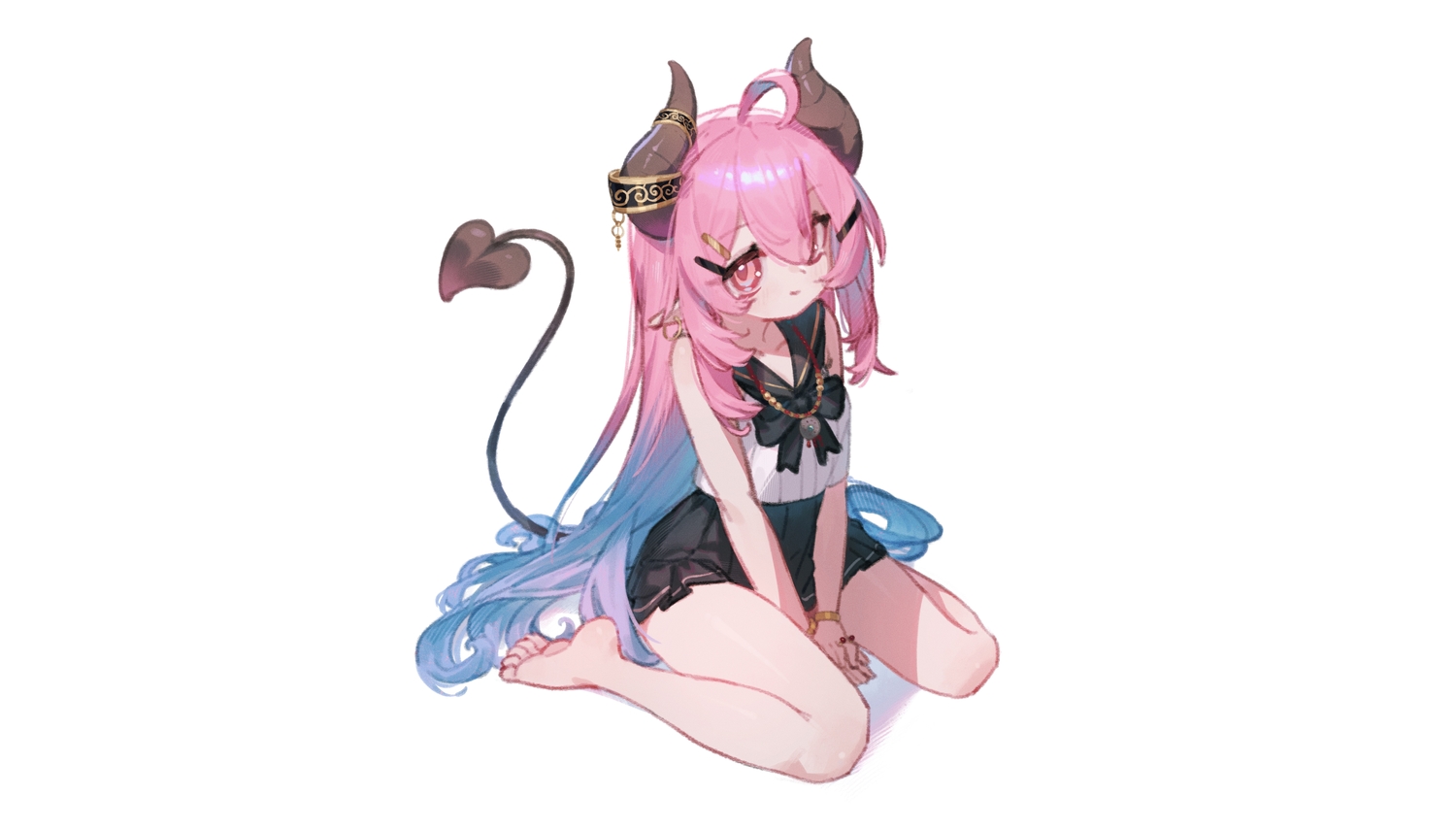 barefoot, bow, demon, flat_chest, horns, loli, long_hair, mosou_keito