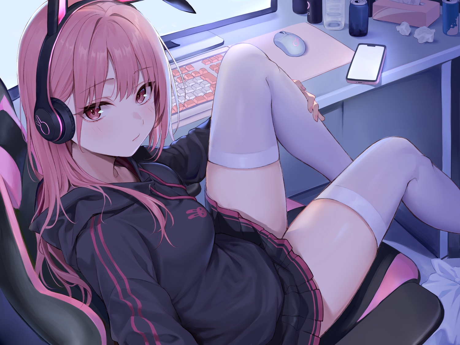 animal_ears, blush, close, computer, drink, headphones, hood, long_hair, nagiha_kuten, original, phone, pink_eyes, pink_hair, tegurayuki, thighhighs, zettai_ryouiki