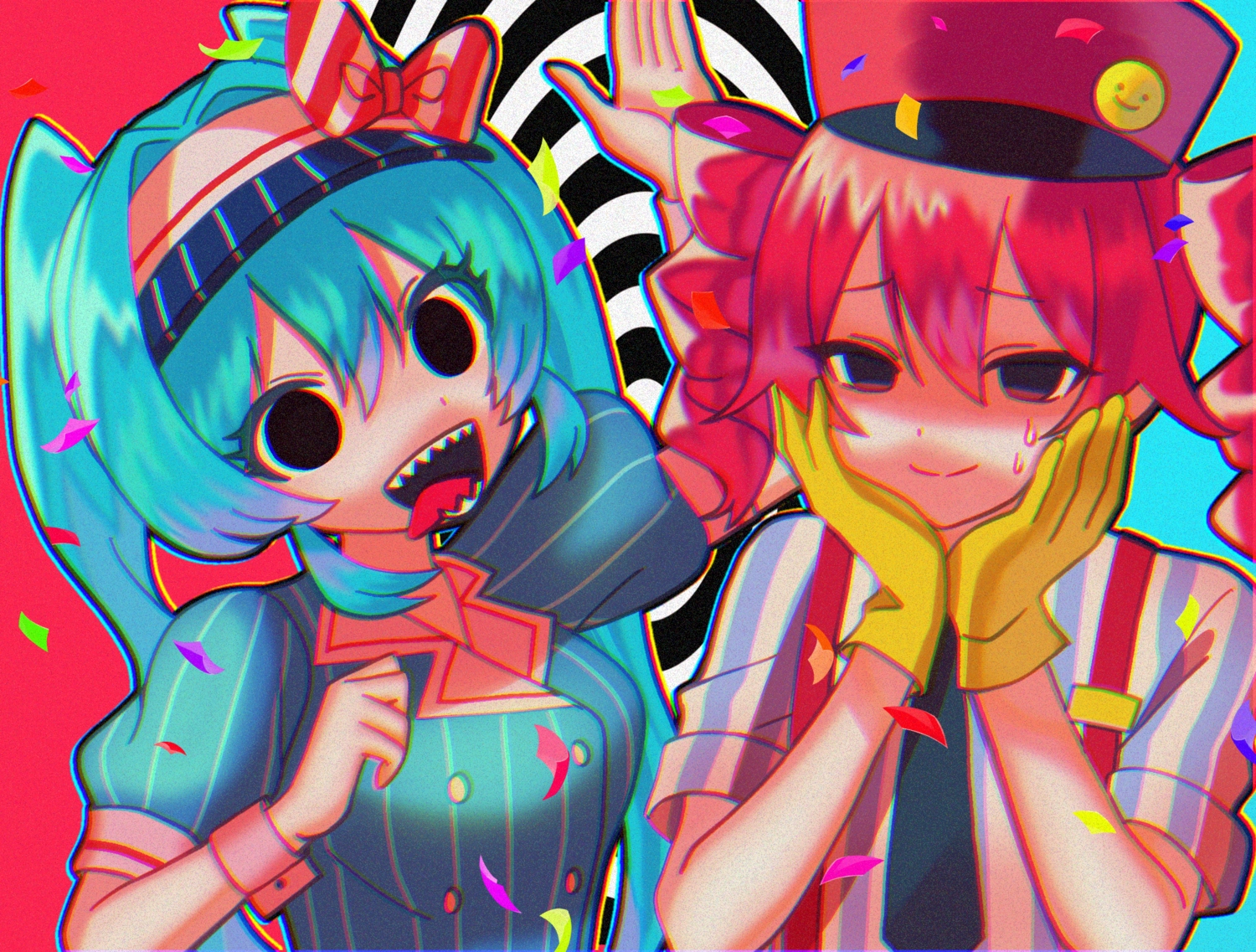 2girls, aqua_hair, black_eyes, bow, close, gloves, hat, hatsune_miku, kasane_teto, long_hair, mesmerizer_(vocaloid), red_eyes, red_hair, shirt, synthesizer_v, tie, twintails, utau, vocaloid, waitress, wristwear, zero_(sleepy_meltan)