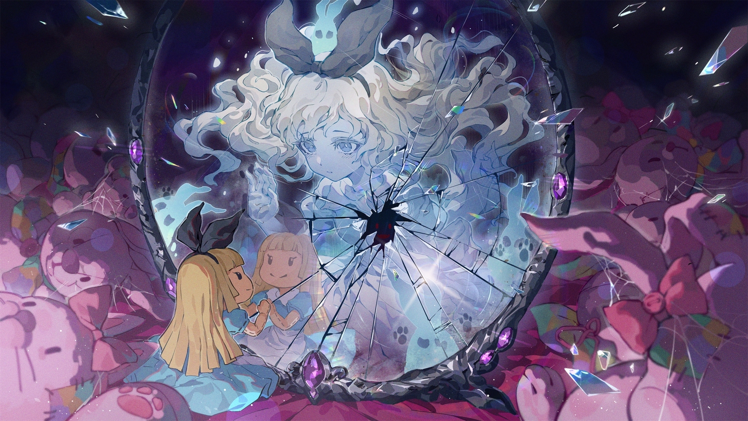 alice_in_wonderland, alice_(wonderland), apron, blonde_hair, blue_eyes, bow, bunny, doll, dress, headband, long_hair, lxkate, mirror