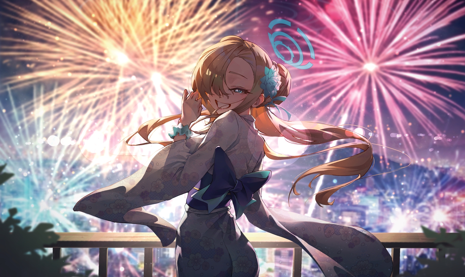 ass, blonde_hair, blue_archive, blue_eyes, bow, building, city, fireworks, halo, ichinose_asuna, japanese_clothes, jhigf, long_hair, night, sky, summer, wristwear, yukata