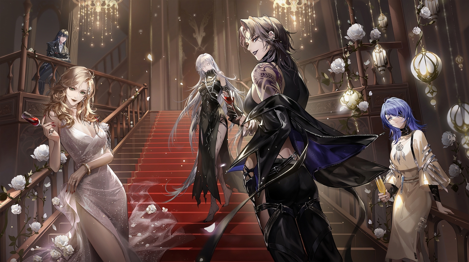 ass, barefoot, black_hair, blonde_hair, blue_eyes, blue_hair, boots, breasts, brown_hair, choker, cleavage, dress, drink, eyepatch, flowers, gloves, green_eyes, group, hecate_(path_to_nowhere), langley_(path_to_nowhere), long_hair, nox_(path_to_nowhere), path_to_nowhere, petals, rahu_(path_to_nowhere), rose, stairs, tagme_(artist), tattoo, thighhighs, tie, white_hair, wristwear, zoya_(path_to_nowhere)
