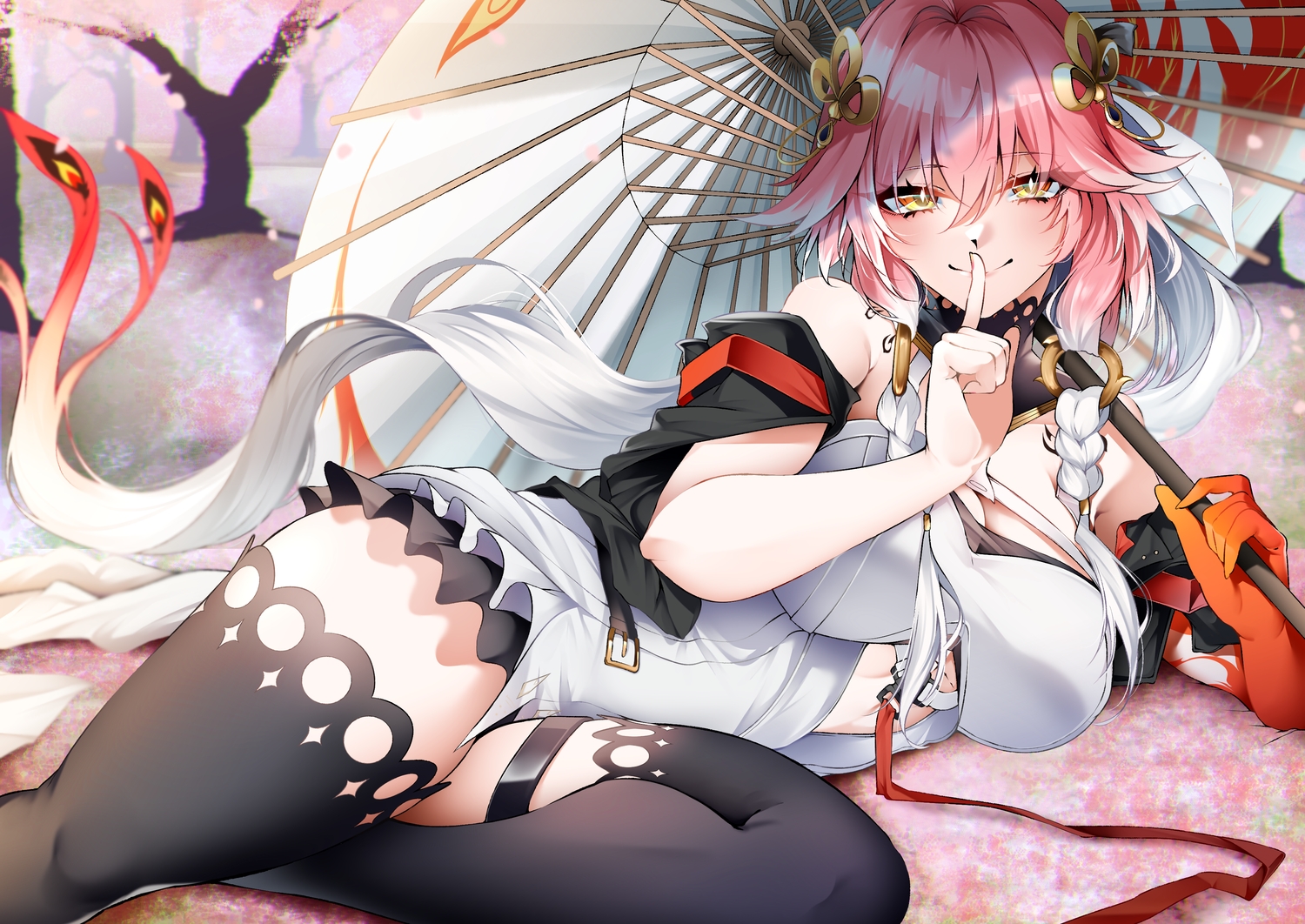braids, breasts, changli_(wuthering_waves), cherry_blossoms, choker, cleavage, dress, flowers, garter, len_(hand_linke), long_hair, petals, pink_hair, thighhighs, tree, umbrella, wuthering_waves, yellow_eyes, zettai_ryouiki