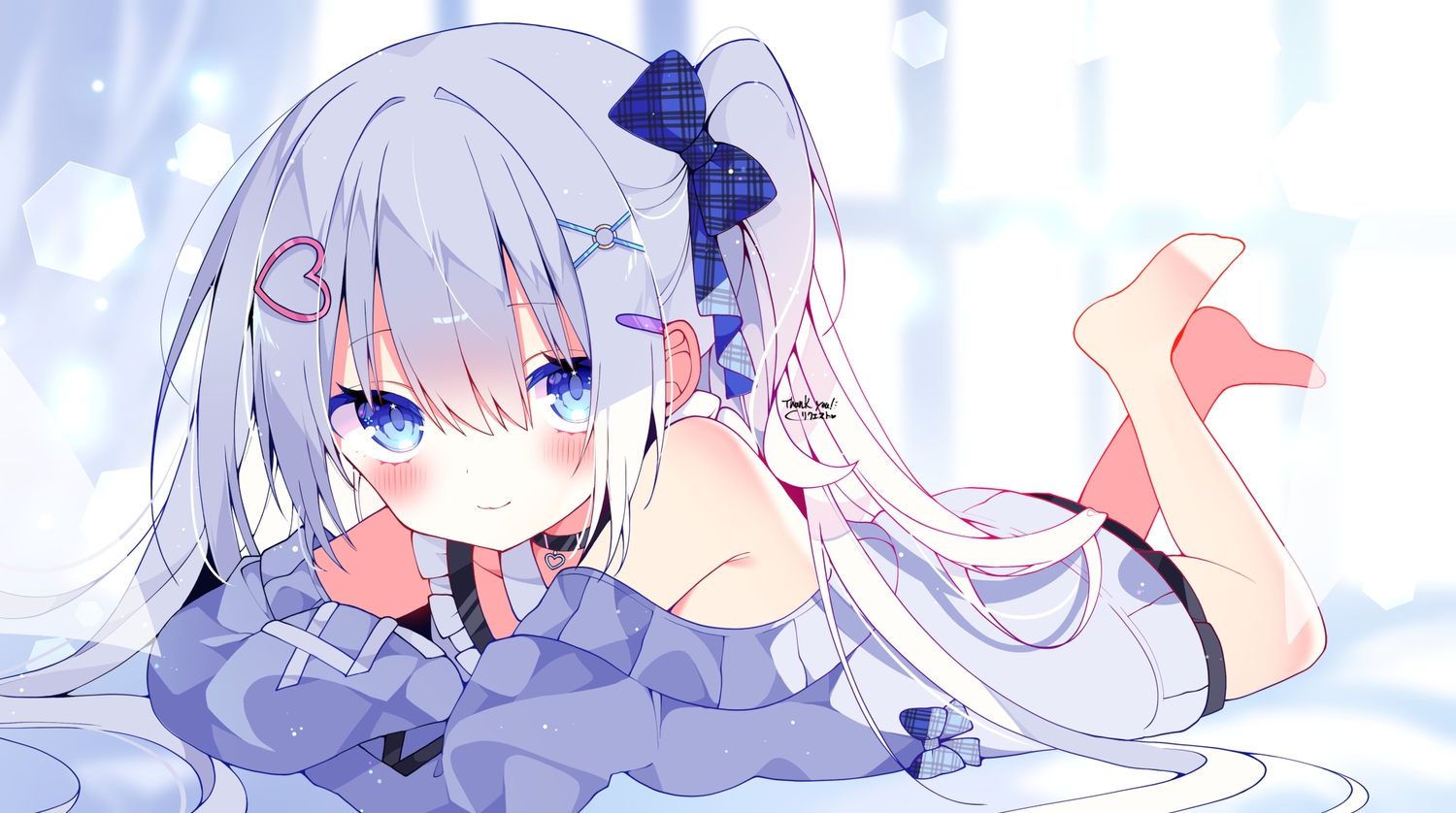 aqua_eyes, barefoot, blush, bow, cat_smile, choker, close, gray_hair